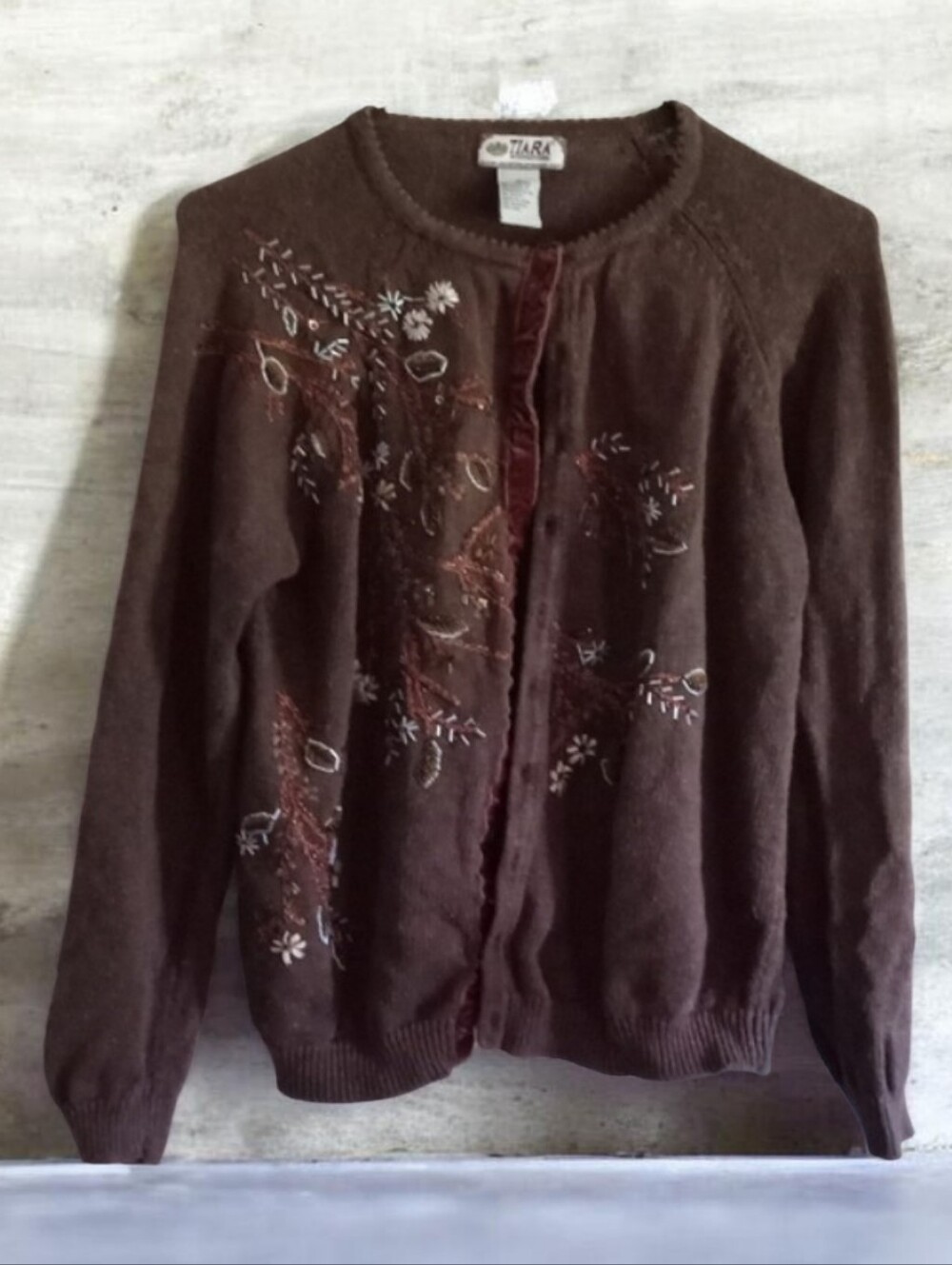 TIARA International Rich Brown Beads Embroidery Velvet Facing Cardigan-Size: M - Picture 2 of 15
